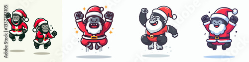 Gorilla wear Santa Claus costumes jumping with joy a minimalist vector graphic depicts festive primate happiness.