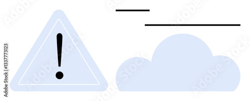 Exclamation mark inside a triangular warning sign paired with a stylized cloud and horizontal lines. Ideal for caution, alert, weather, warning, climate, security, risk. Flat simple metaphor