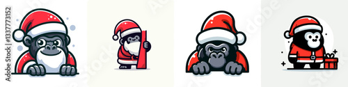 Gorilla wear Santa Claus costumes peeking from behind a minimalist vector drawing of a festive jungle scene