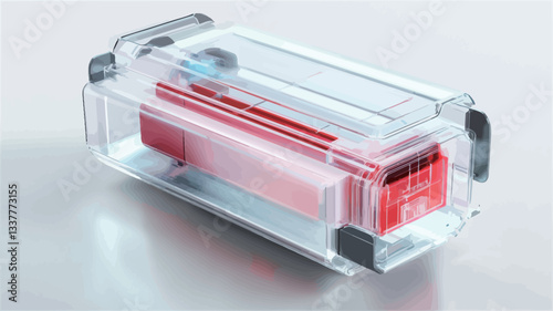 A digitally rendered 3D cutaway illustration of a small, rectangular device.  The device is enclosed in a transparent casing, revealing its internal components.  The internal components are
