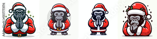 Gorilla wear Santa Claus costumes praying hands gesture minimalist vector drawing a peaceful Christmas scene.