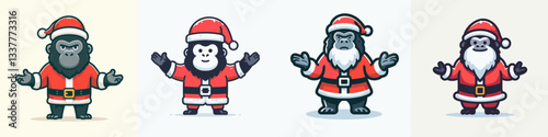 Gorilla wear Santa Claus costumes standing with arms open wide a simple vector graphic depicting festive primate joy.