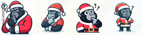 Gorilla wear Santa Claus costumes tapping chin thinking a minimalist vector drawing of festive primate pondering Christmas plans
