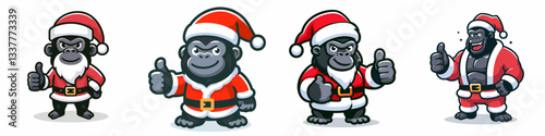 Gorilla wear Santa Claus costumes thumbs up a simple vector graphic drawing of festive primates celebrating Christmas