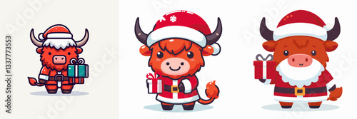 Highland Cow wear Santa Claus costumes holding a present vector graphic simple minimalist doodle  for a festive winter farm scene.