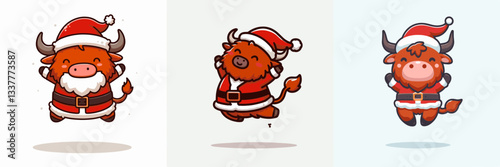 Highland Cow wear Santa Claus costumes jumping with joy a minimalist vector drawing depicts festive bovine bliss