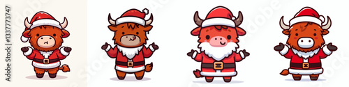 Highland Cow wear Santa Claus costumes shrugging a minimalist vector graphic depicting festive bovine bliss