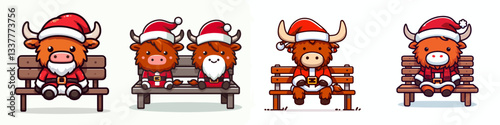 Highland Cow wearing Santa Claus costumes sitting on a bench a simple vector graphic illustration of a festive bovine scene