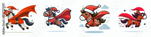 Horse wear Santa Claus costumes flying with a cape a minimalist vector drawing depicts jolly steeds soaring through the sky