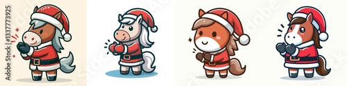 Horse wear Santa Claus costumes clapping hands a simple vector outline drawing of festive equines.