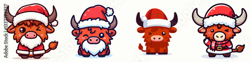 Highland Cow wear Santa Claus Costumes Winking vector graphic simple minimalist doodle festive bovine Christmas cheer