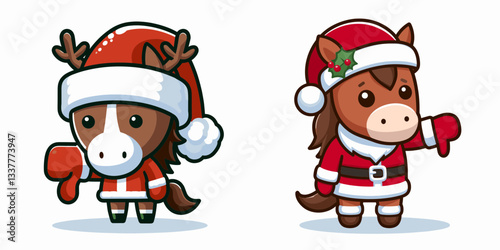 Horse wear Santa Claus costumes giving a thumbs down vector graphic simple minimalist doodle depicting festive disapproval.