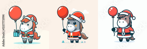 Horse wear Santa Claus costumes holding a balloon vector graphic a joyful winter scene simple minimalist doodle