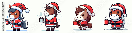Horse wear Santa Claus costumes holding a cup of hot chocolate a simple vector drawing depicts a festive winter scene.