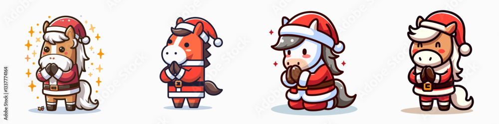 Horse wear Santa Claus costumes praying hands gesture simple vector graphic depicting Christmas spirit and equine piety. Horse wear Santa Claus costumes praying hands gesture simple vector graphic depicting Christmas spirit and equine piety.