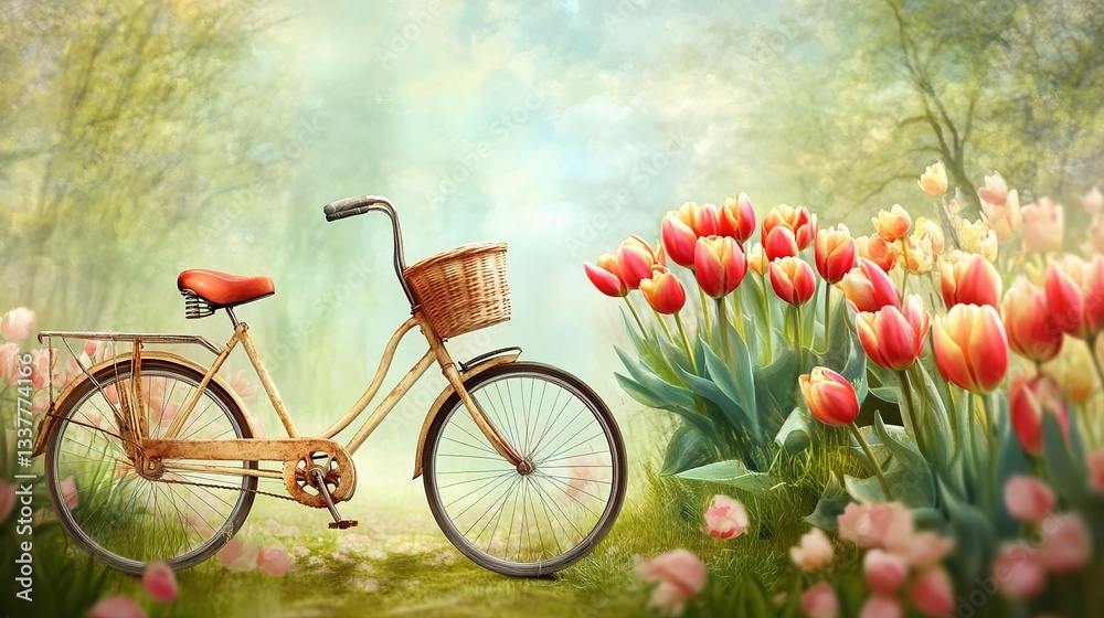 Fototapeta premium Vintage Bicycle Surrounded by Colorful Tulips in a Serene Landscape