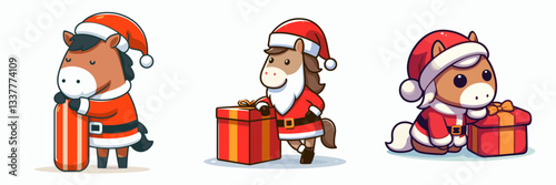 Horse wear Santa Claus costumes leaning on an object a simple vector graphic depicting a festive winter scene