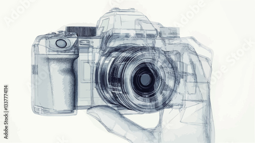 Close-up shot of a translucent digital camera held in a similarly translucent hand. The image is rendered in shades of gray, emphasizing the transparency of both the camera and the hand.  The