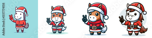Horse wear Santa Claus costumes making a peace sign vector graphic simple festive holiday illustration