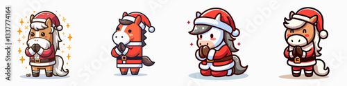 Horse wear Santa Claus costumes praying hands gesture simple vector graphic depicting Christmas spirit and equine piety.