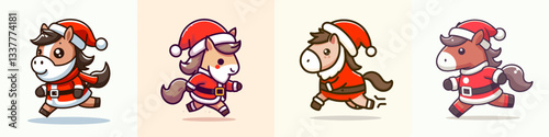 Horse wear Santa Claus costumes running or walking a minimalist vector graphic depicting festive equine speed