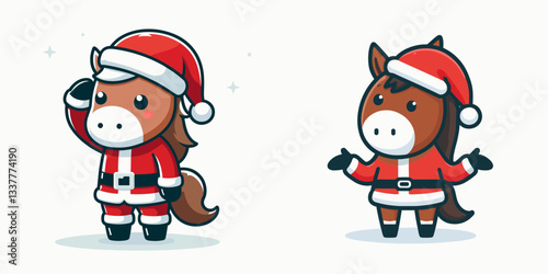 Horse wear Santa Claus costumes saluting a minimalist vector drawing of festive equine greetings