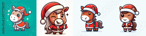 Horse wear Santa Claus costumes winking vector graphic simple minimalist doodle showing festive spirit