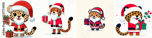 Leopard wear Santa Claus costumes holding a present vector graphic a festive winter scene