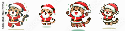 Leopard wear Santa Claus costumes jumping with joy a simple vector graphic shows festive spotted cats celebrating.