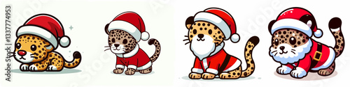 Leopard wear Santa Claus costumes leaning forward a minimalist vector drawing shows festive big cats.
