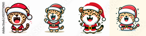 Leopard wear Santa Claus costumes laughing with mouth open a simple vector graphic drawing depicts festive feline joy