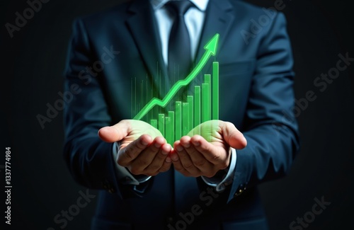 Businessman holds holographic green chart with growth arrow. Financial data analysis, stock market forecast. Business strategy, investment solutions, economic growth, company success, modern tech,