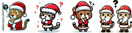 Leopard wear Santa Claus costumes tapping chin thinking deeply about Christmas gift ideas a simple vector graphic