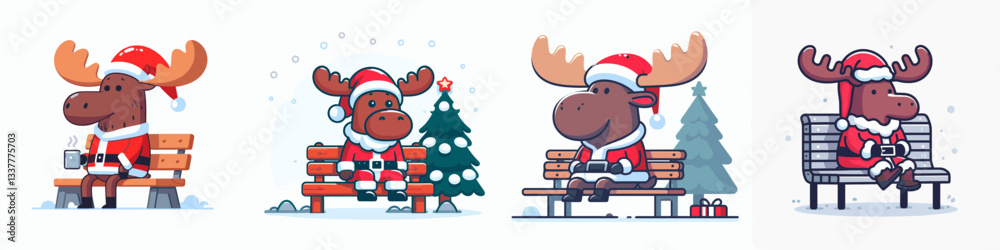 Moose wear Santa Claus costumes sitting on a bench a simple vector drawing depicts jolly winter holiday spirit Moose wear Santa Claus costumes sitting on a bench a simple vector drawing depicts jolly winter holiday spirit