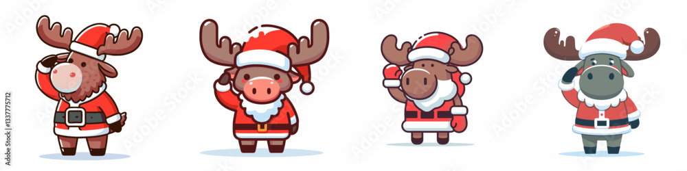 Moose wear Santa Claus costumes saluting a minimalist vector graphic of jolly festive woodland creatures Moose wear Santa Claus costumes saluting a minimalist vector graphic of jolly festive woodland creatures