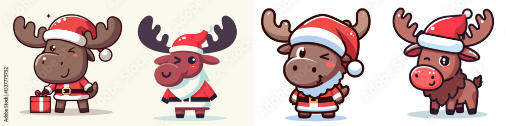 Fototapeta premium Moose wear Santa Claus costumes winking minimalist vector graphic a festive woodland scene