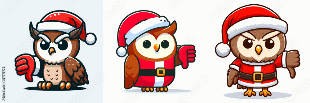 Owl wearing Santa Claus costumes giving a thumbs down vector graphic a disapproving festive minimalist doodle. Owl wearing Santa Claus costumes giving a thumbs down vector graphic a disapproving festive minimalist doodle.