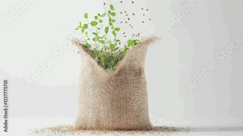 Close-up studio shot of a burlap sack with small green sprouts emerging from its open top.  Seeds are visible around the base of the sack.  The background is plain white. The image shows a shallow