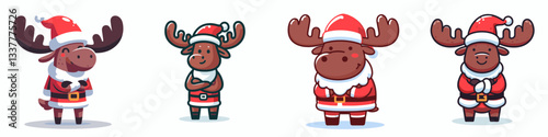 Moose wear Santa Claus costumes smiling with arms crossed a minimalist vector graphic of jolly holiday spirit