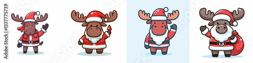 Moose wear Santa Claus costumes waving hand a simple vector graphic of jolly winter wildlife.