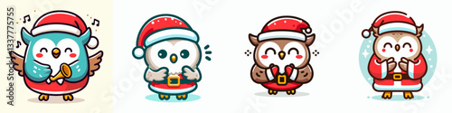 Owl wear Santa Claus costumes clapping hands a simple vector drawing celebrating winter holidays