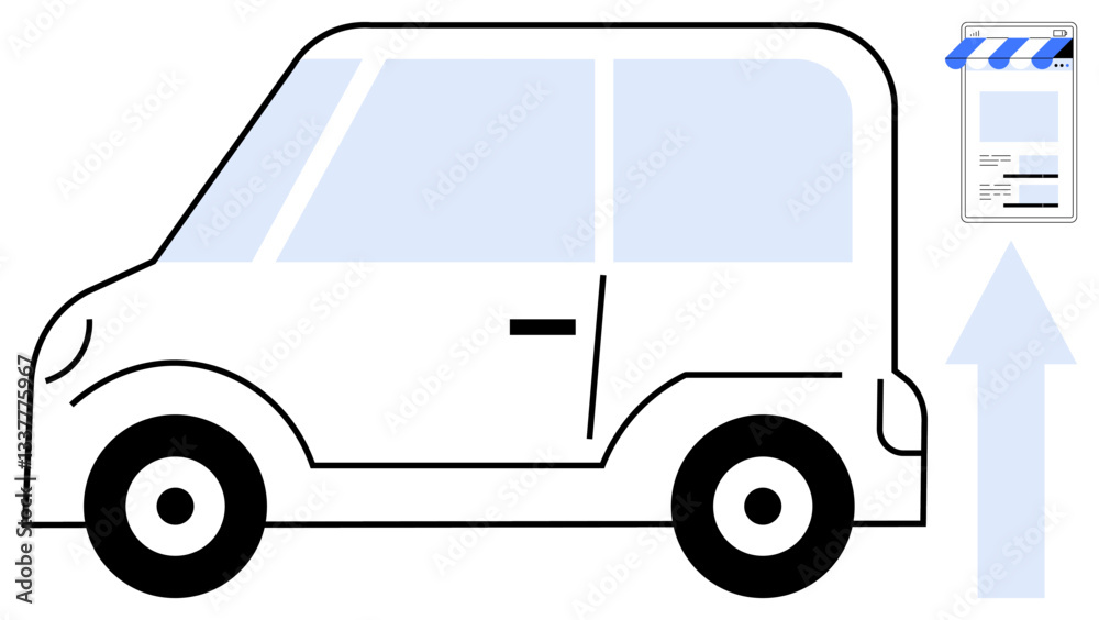 Compact car next to store order receipt and upward arrow suggesting online shopping, delivery services, growth trends, logistics, innovation, mobile commerce, eco-transport, flat simple metaphor Compact car next to store order receipt and upward arrow suggesting online shopping, delivery services, growth trends, logistics, innovation, mobile commerce, eco-transport, flat simple metaphor