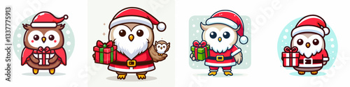 Owl wearing Santa Claus costumes holding a present a simple vector graphic drawing for a festive winter holiday design