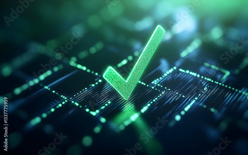 A modern digital checkmark symbolizing successful validation in technology and data processing environments.