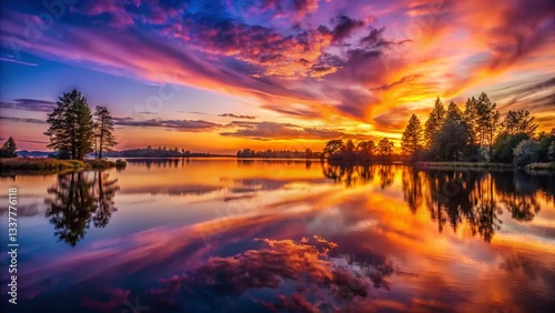 Panoramic Sunset Lake - Vibrant Colors & Silhouetted Trees