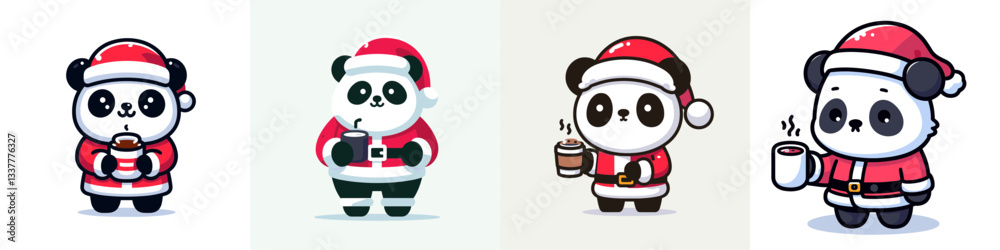 Panda wear Santa Claus costumes holding a cup of hot chocolate vector graphic simple winter festive doodle