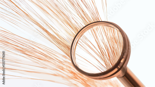 Close-up shot of a copper-colored ring or loop positioned centrally.  Numerous thin, light-brown fibers or strands radiate outwards from behind the ring, creating a visually dynamic pattern against