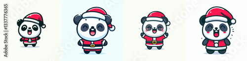 Panda wear Santa Claus costumes laughing with mouth open a jolly vector graphic simple minimalist doodle.