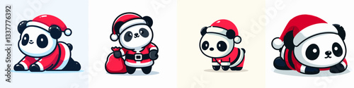 Panda wear Santa Claus costumes leaning forward a minimalist vector graphic showing festive fun