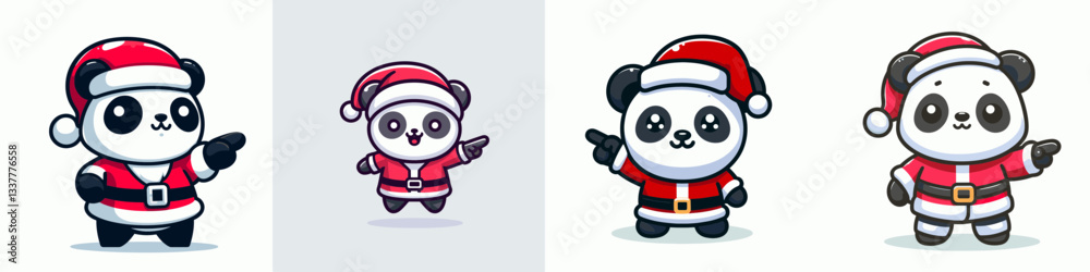 Panda wear Santa Claus costumes pointing forward vector graphic showing festive holiday cheer